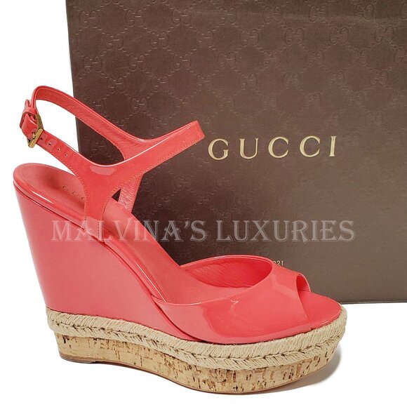 GUCCI SHOES HOLLIE PATENT LEATHER PLATFORM WEDGE ESPADRILLE SANDAL PINK 38.5 8.5 - Picture 10 of 12